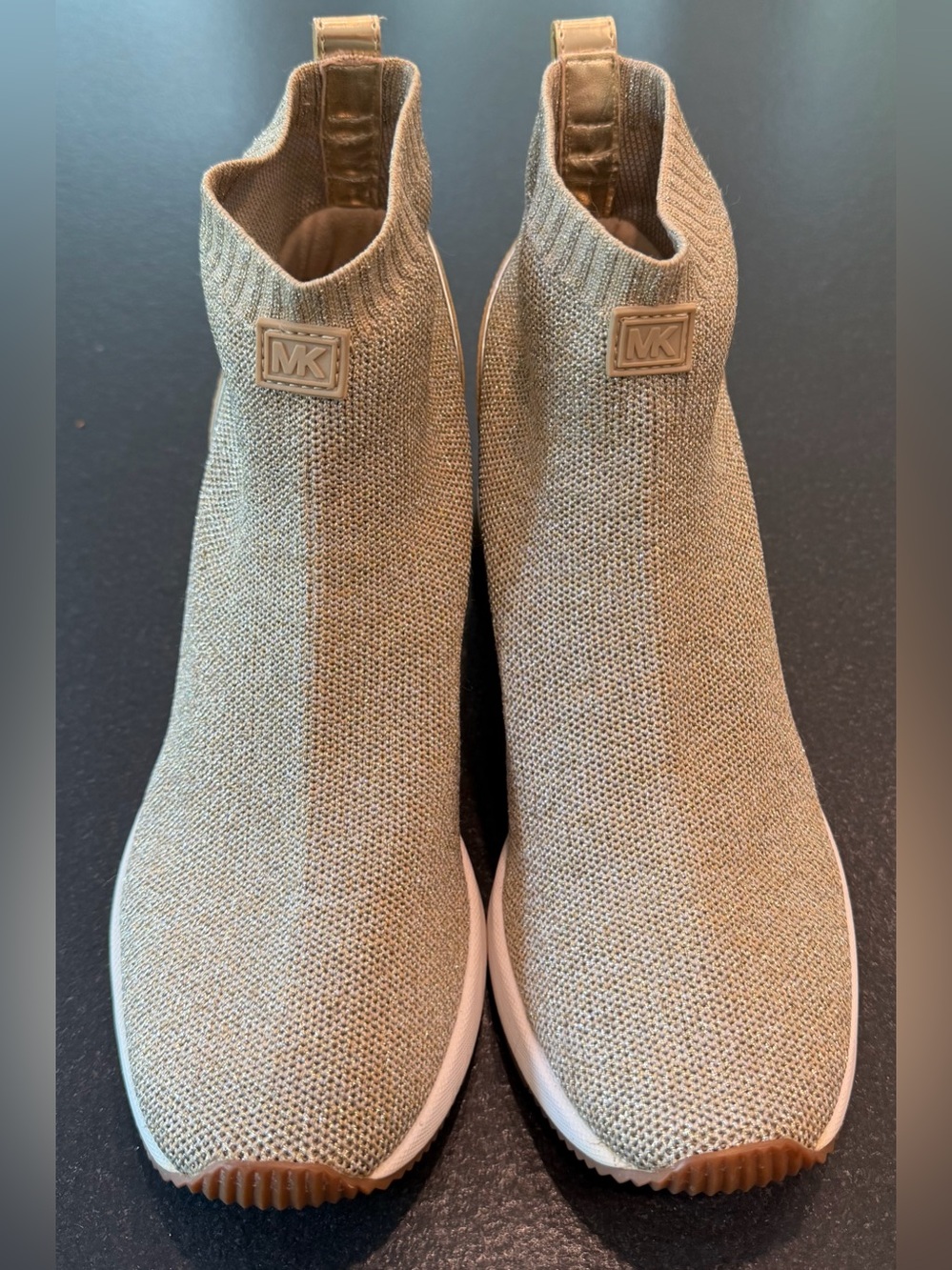Michael Kors Skyler Knit Wedge Sneakers Metallic Gold Sock Booties 7.5 - Picture 3 of 8